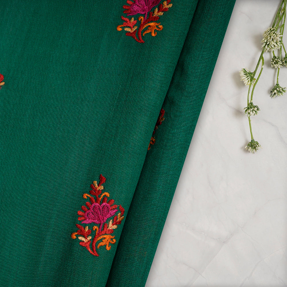 (Pre-Cut 3.80 Mtr) Dark Green Color Embroidered Natural Silk Fabric