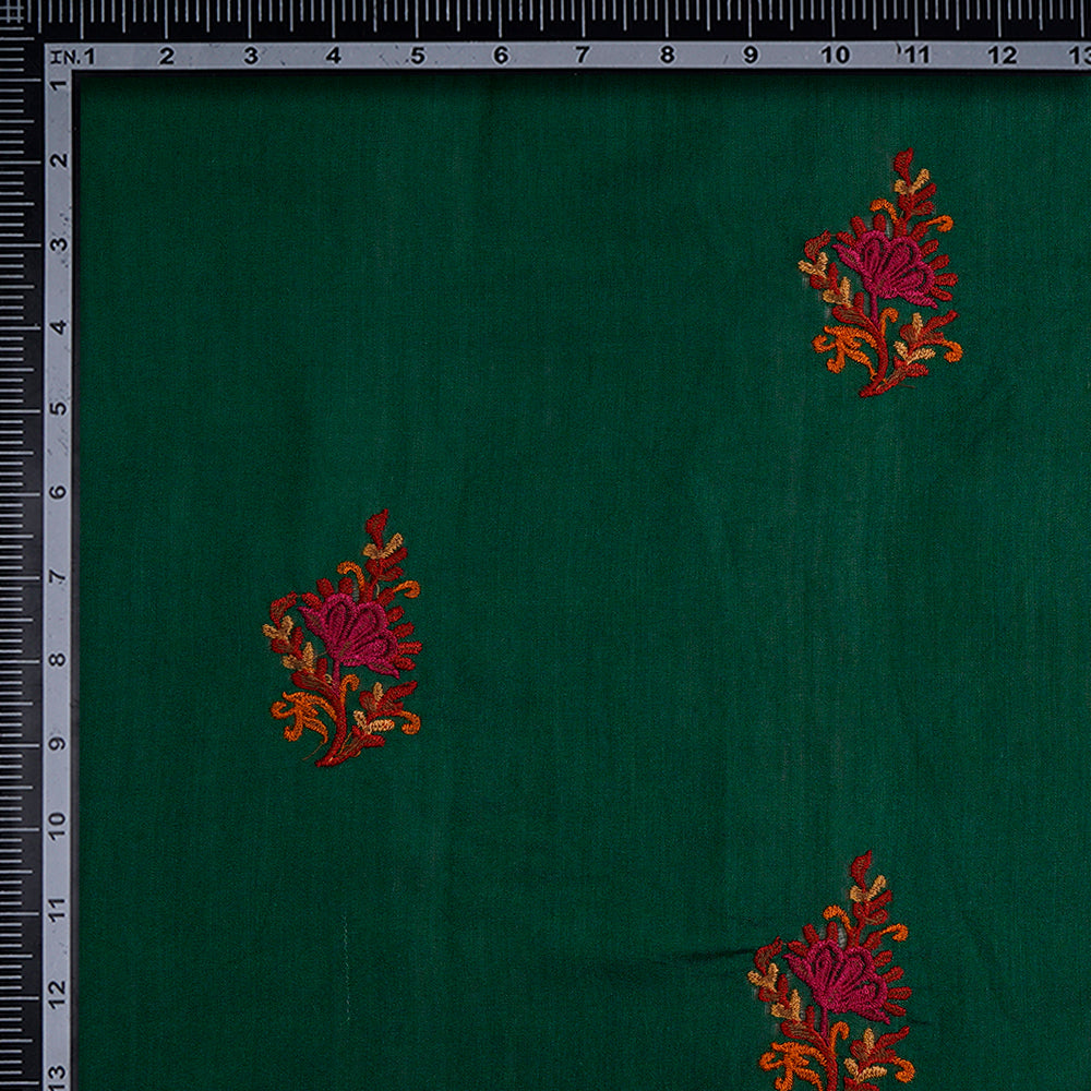 (Pre-Cut 3.80 Mtr) Dark Green Color Embroidered Natural Silk Fabric