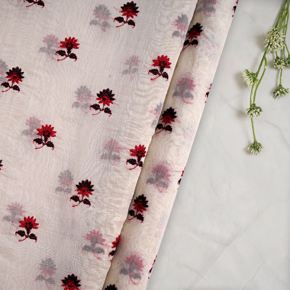 (Pre-Cut 3.30 Mtr) Off White Color Embroidered Pure Chanderi Fabric