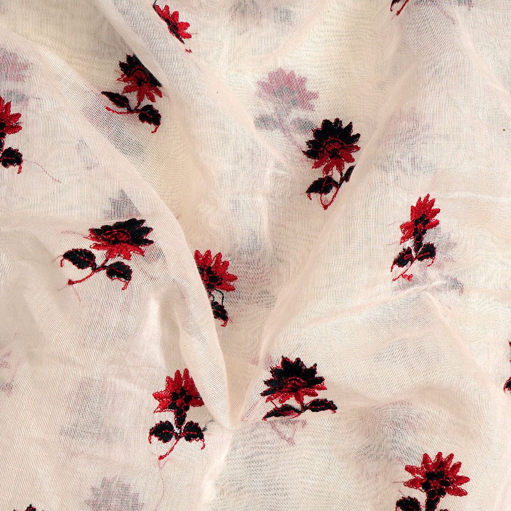 (Pre-Cut 3.30 Mtr) Off White Color Embroidered Pure Chanderi Fabric