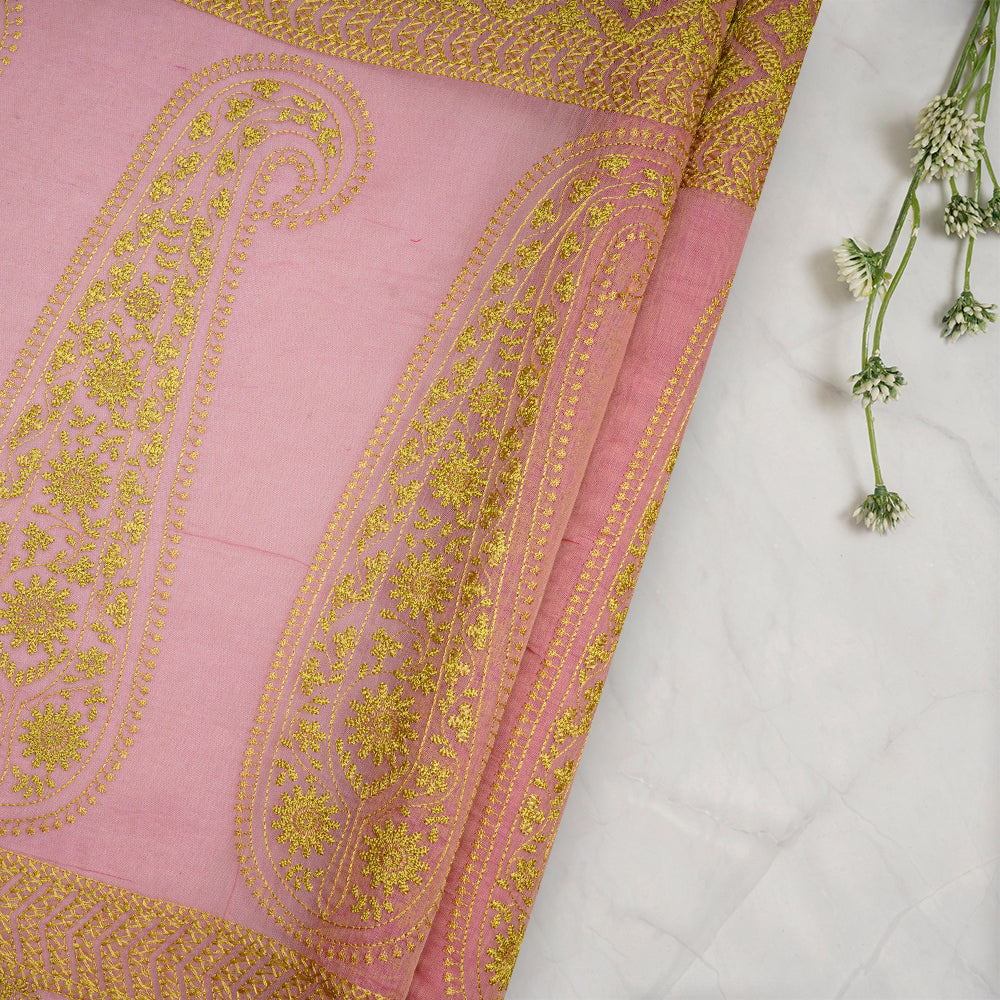 (Pre-Cut 1.20 Mtr) Light Pink Color Embroidered Pure Chanderi Fabric