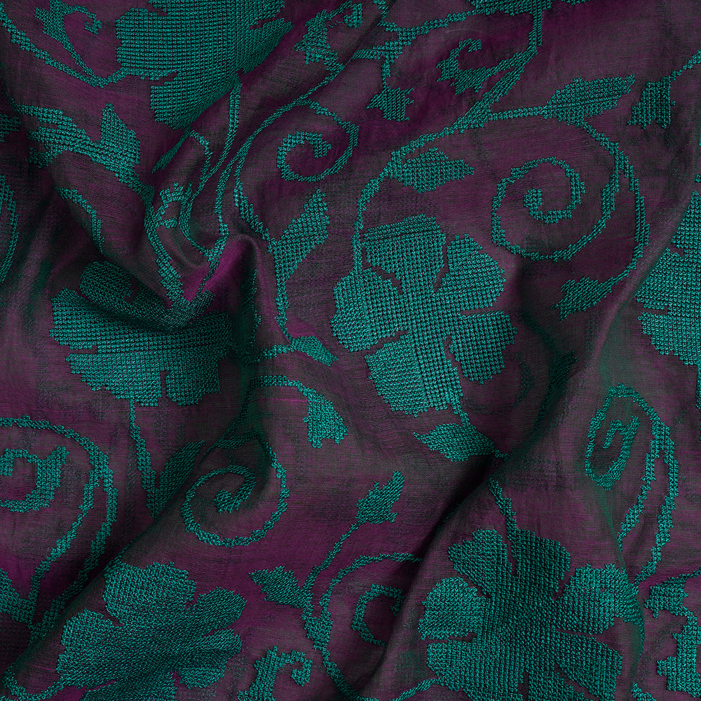 (Pre-Cut 2.90 Mtr) Purple Color Embroidered Pure Chanderi Fabric