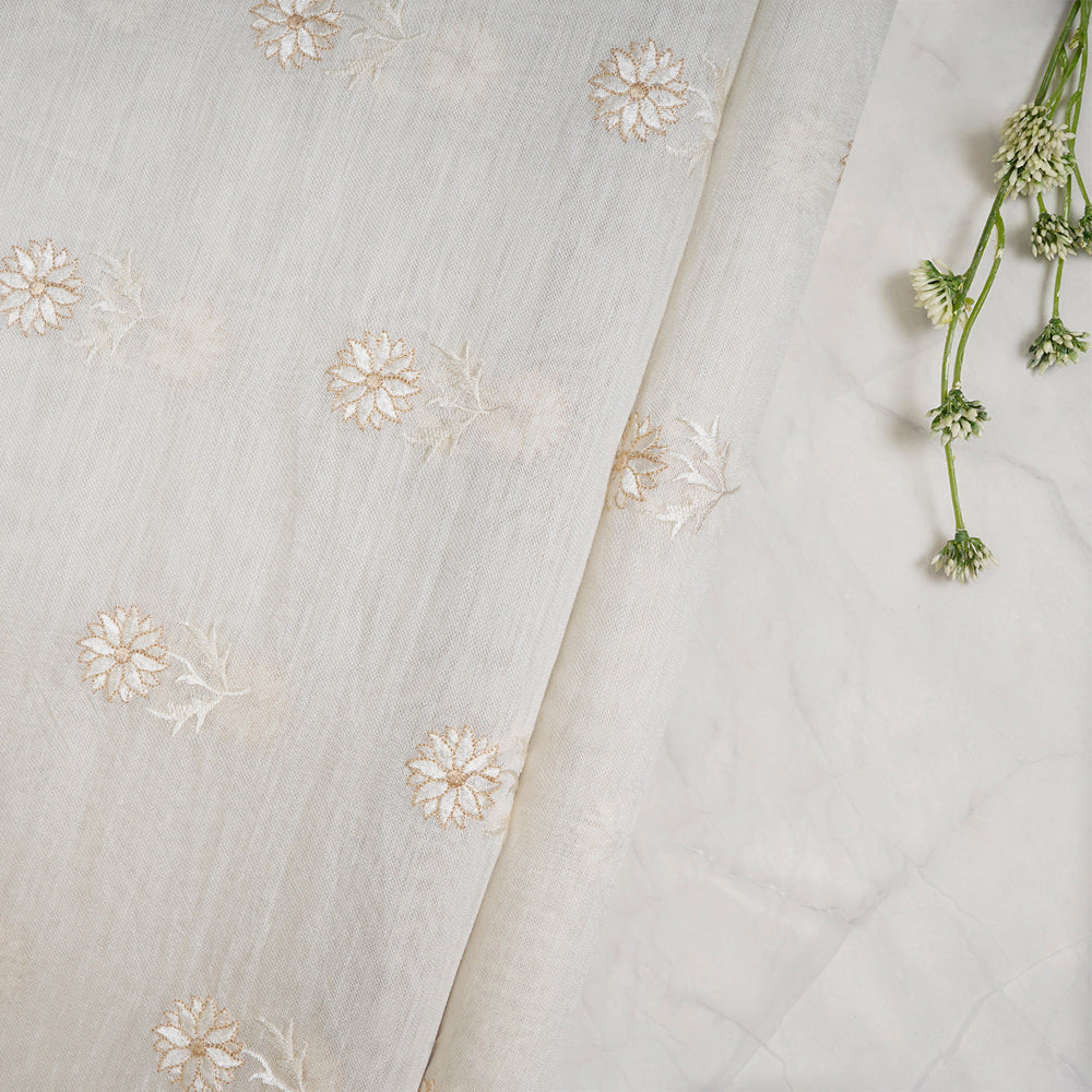 (Pre-Cut 2.90 Mtr) Off White Color Embroidered Muga Silk Fabric