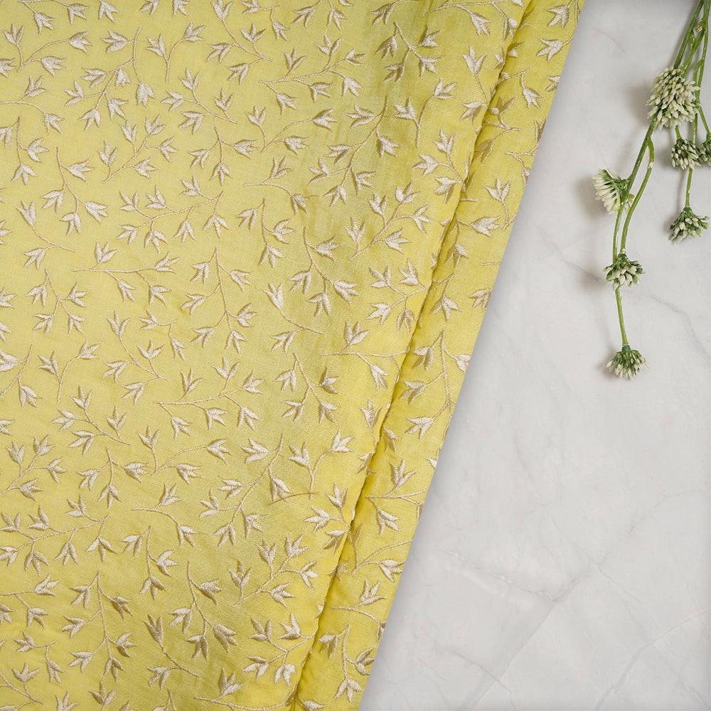 (Pre-Cut 1.70 Mtr) Lemon Color Embroidered Chanderi Tussar Fabric
