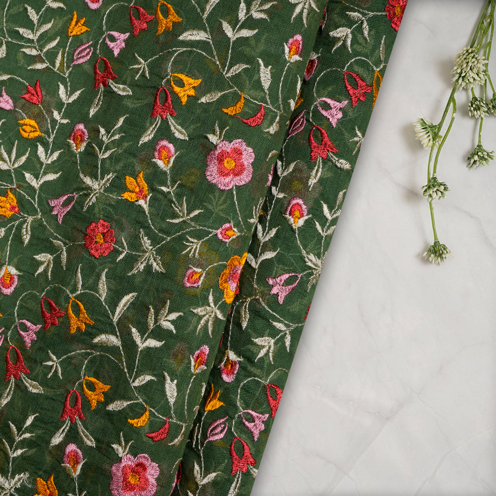 (Pre-Cut 2 Mtr) Dark Green Color Embroidered Pure Chanderi Fabric