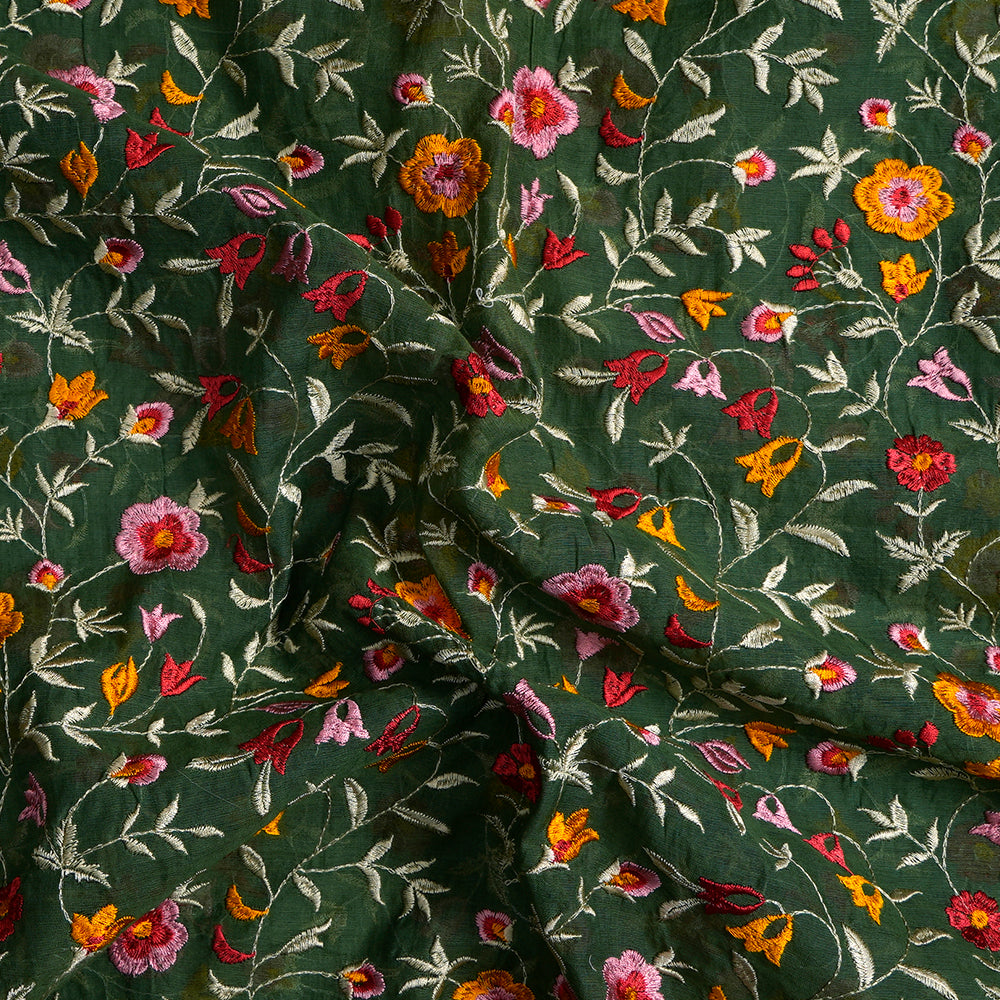 (Pre-Cut 2 Mtr) Dark Green Color Embroidered Pure Chanderi Fabric