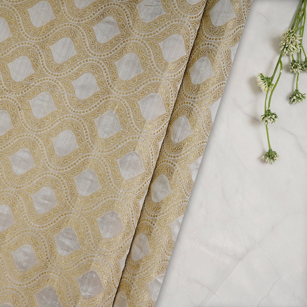 (Pre-Cut 0.90 Mtr) Off White-Golden Color Handwoven Brocade Silk Fabric