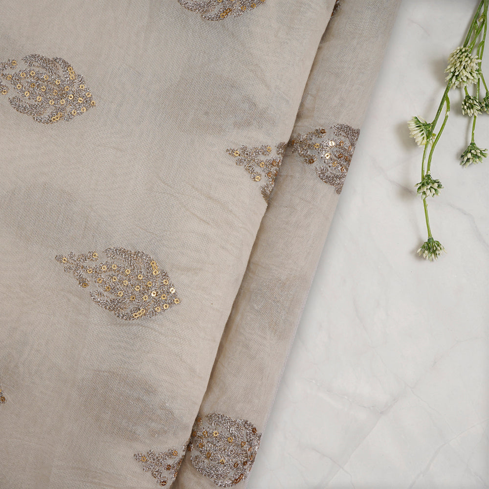 (Pre-Cut 2.85 Mtr) Off White Color Embroidered Pure Chanderi Fabric