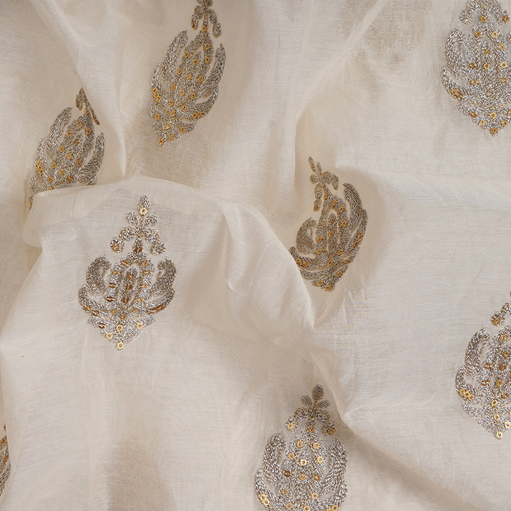 (Pre-Cut 2.85 Mtr) Off White Color Embroidered Pure Chanderi Fabric