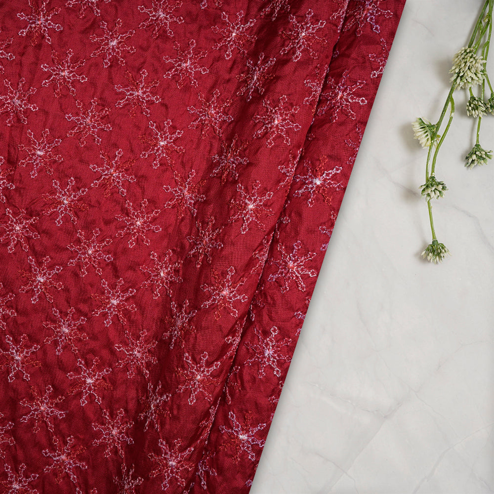 (Pre-Cut 3.40 Mtr) Red Color Embroidered Plain Silk Fabric