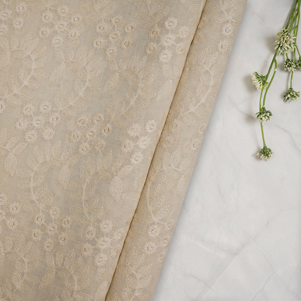 (Pre-Cut 2.40 Mtr) Cream Color Embroidered Pure Chanderi Fabric
