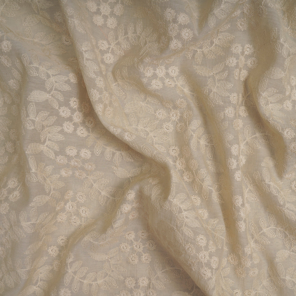 (Pre-Cut 2.40 Mtr) Cream Color Embroidered Pure Chanderi Fabric
