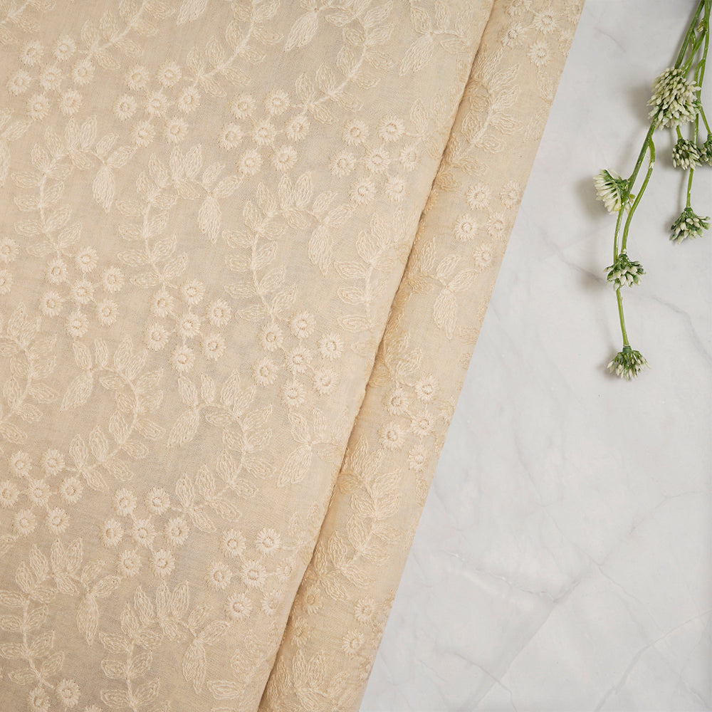 (Pre-Cut 3 Mtr) Cream Color Embroidered Pure Chanderi Fabric