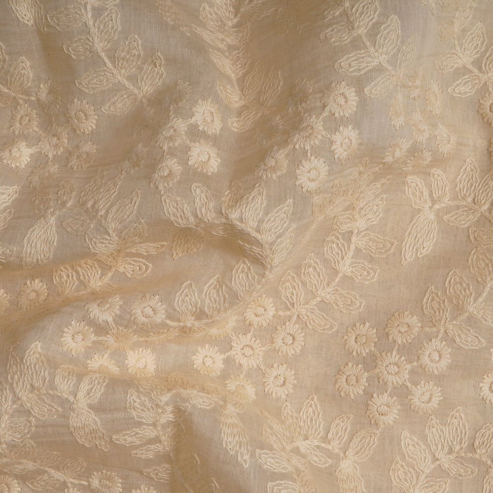 (Pre-Cut 3 Mtr) Cream Color Embroidered Pure Chanderi Fabric