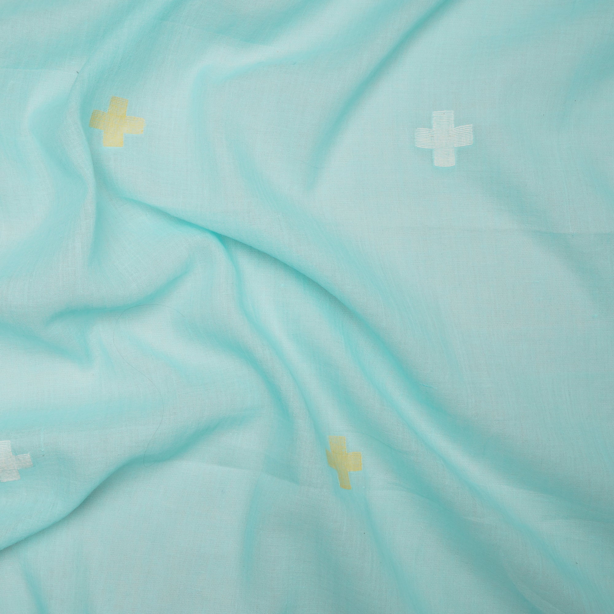 (Pre-Cut 0.55 Mtr) Turquoise Color Handwoven Jamdani Cotton Fabric