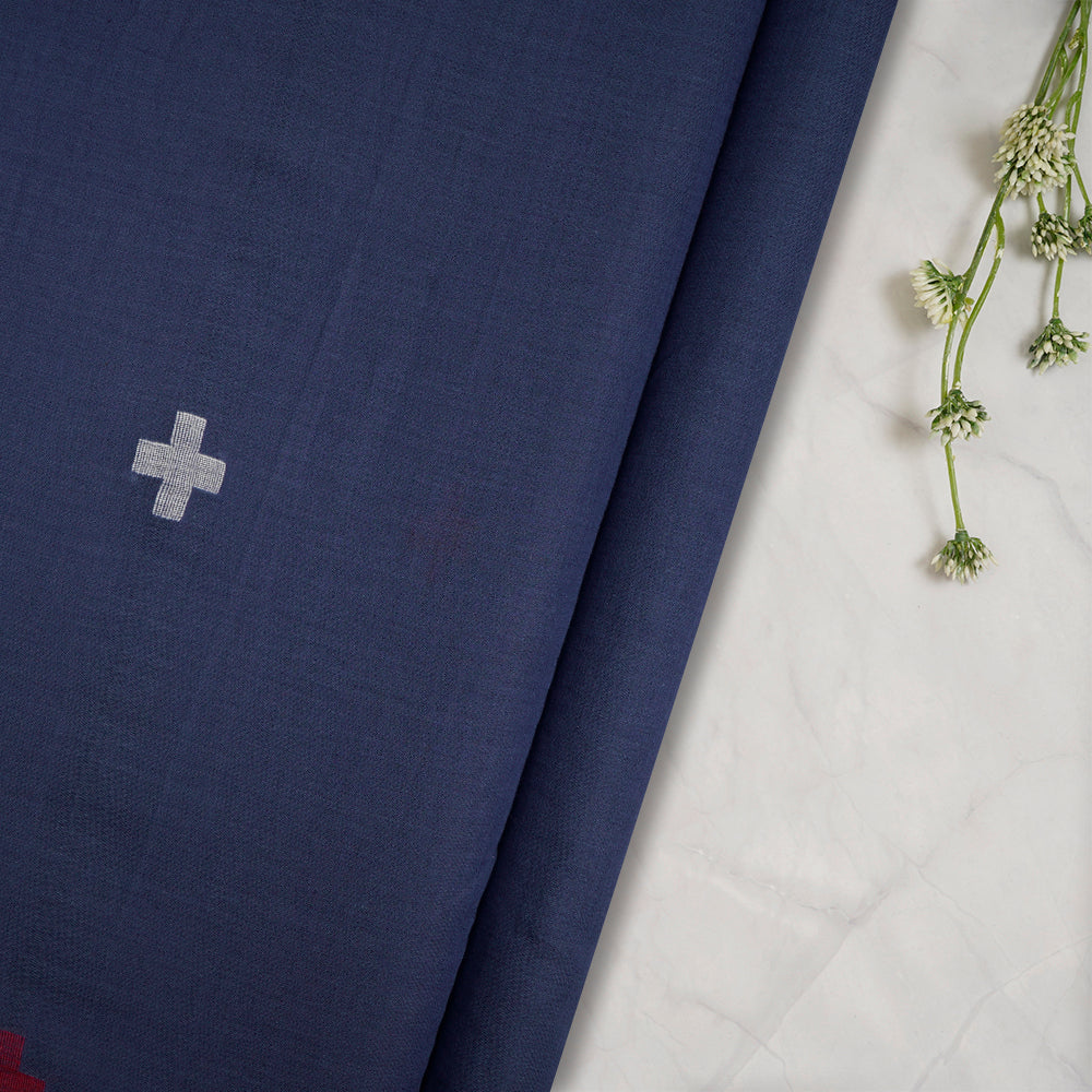 (Pre-Cut 2.45 Mtr) Dark Blue Color Handwoven Jamdani Cotton Fabric