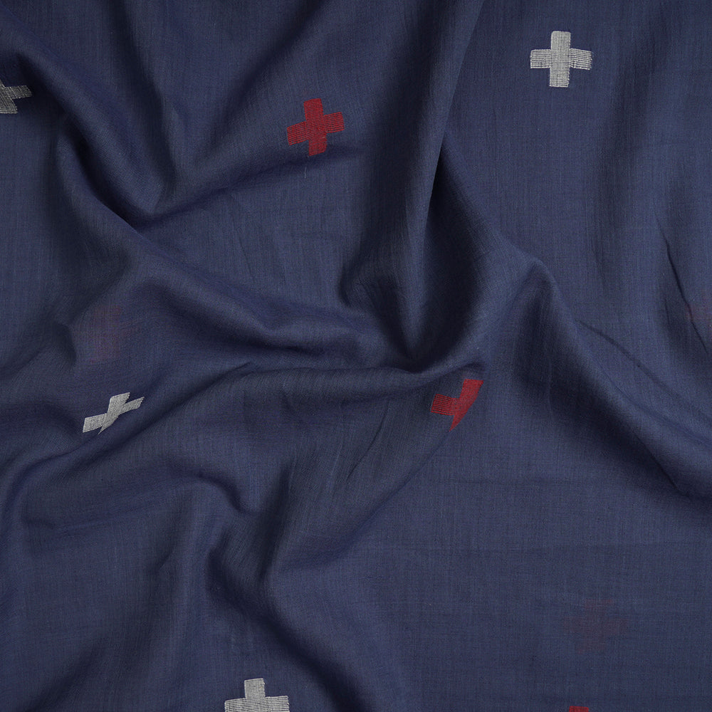 (Pre-Cut 2.45 Mtr) Dark Blue Color Handwoven Jamdani Cotton Fabric