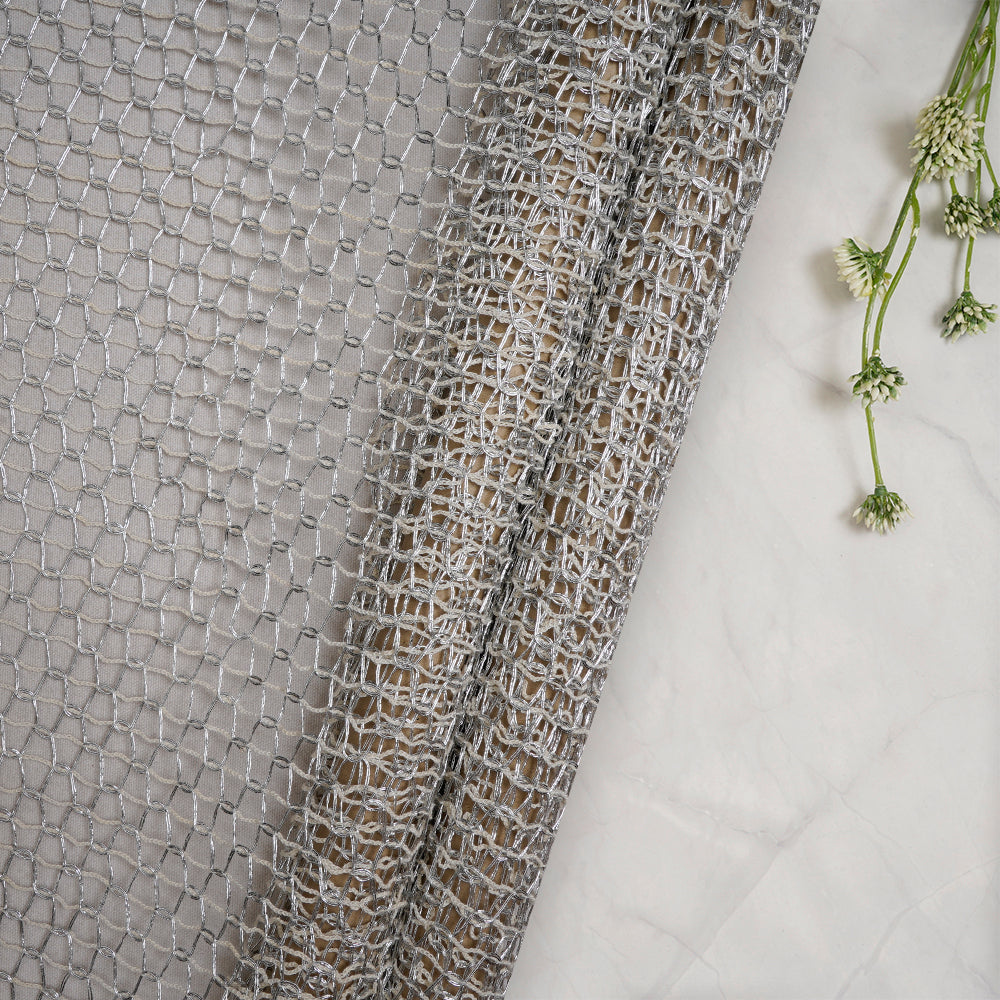 (Pre-Cut 3 Mtr) Off White-Silver Color Fancy Nylon Net Fabric