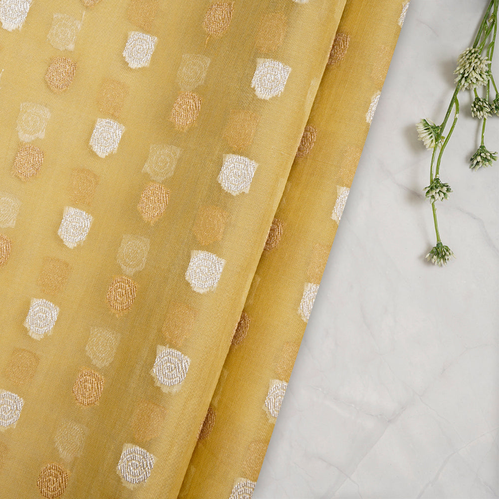 (Pre-Cut 2 Mtr) Yellow Color Handwoven Organza Jacquard Silk Fabric