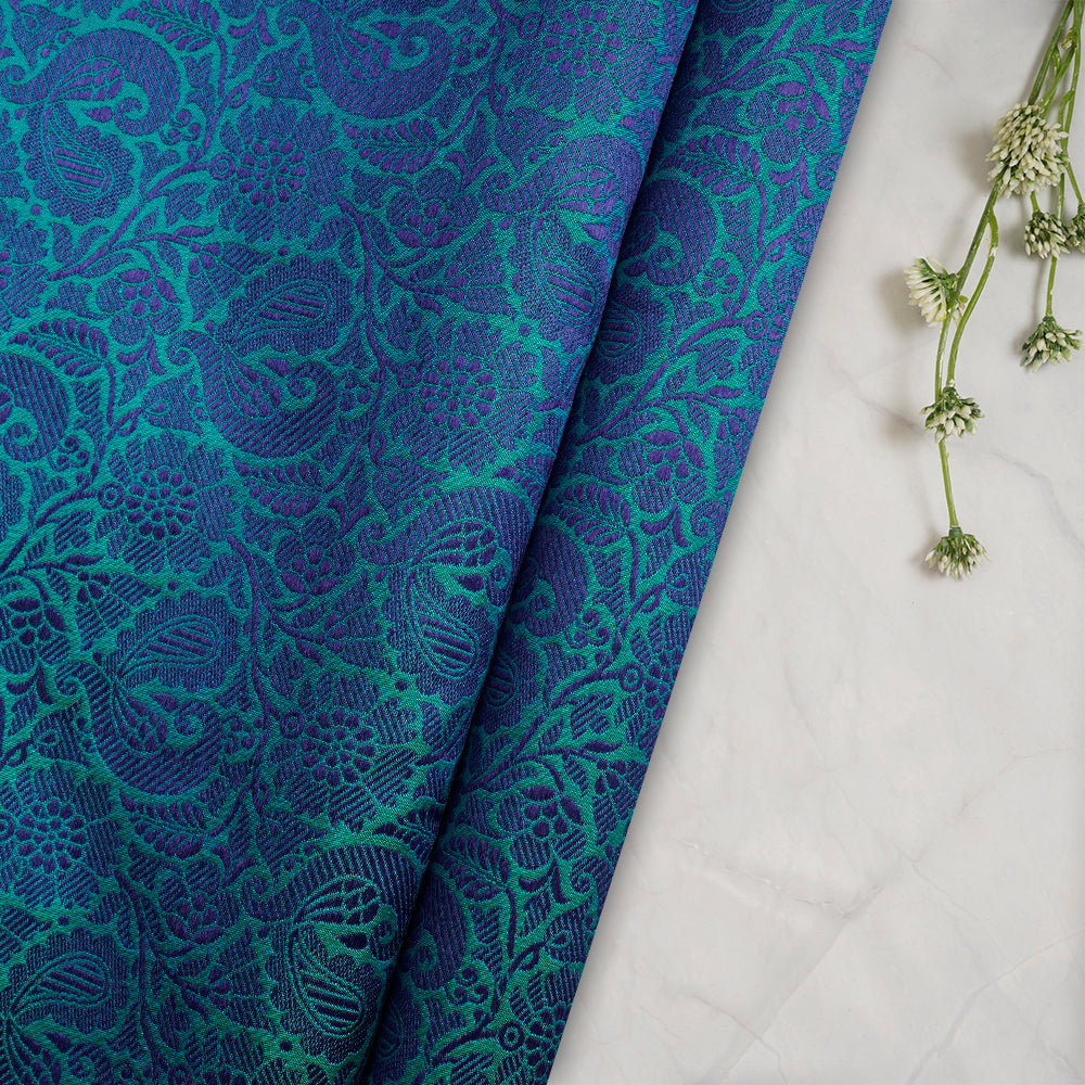 (Pre-Cut 2.25 Mtr) Blue-Green Color Handwoven Brocade Silk Fabric