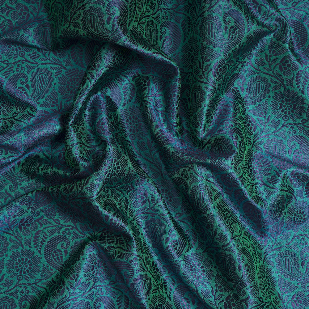 (Pre-Cut 2.25 Mtr) Blue-Green Color Handwoven Brocade Silk Fabric