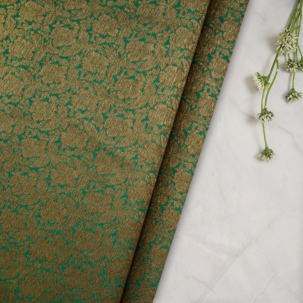 (Pre-Cut 1.45 Mtr) Green Color Handwoven Poly Silk Brocade Fabric