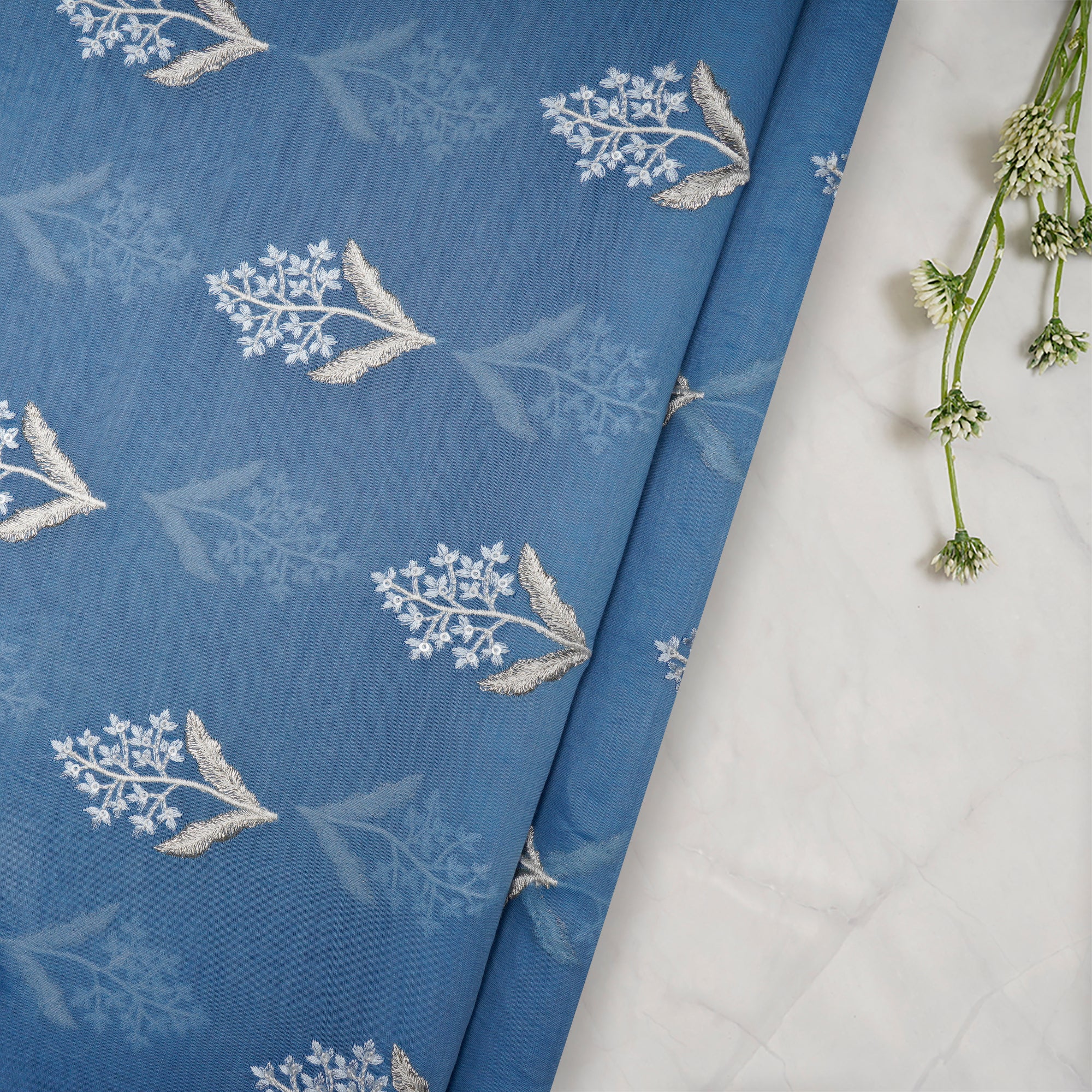 (Pre-Cut 3.50 Mtr) Blue Embroidered Pure Chanderi Fabric