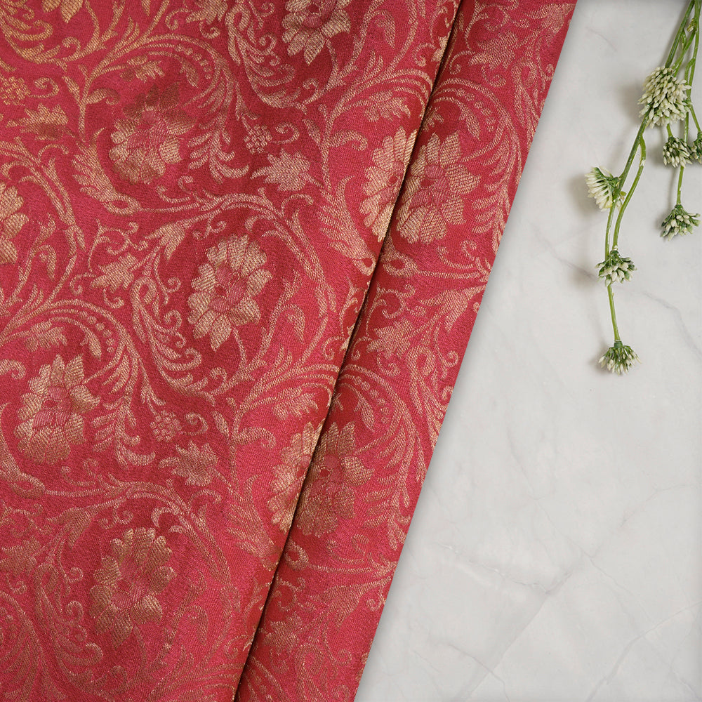 (Pre-Cut 2.60 Mtr) Red Color Handwoven Brocade Crepe Silk Fabric