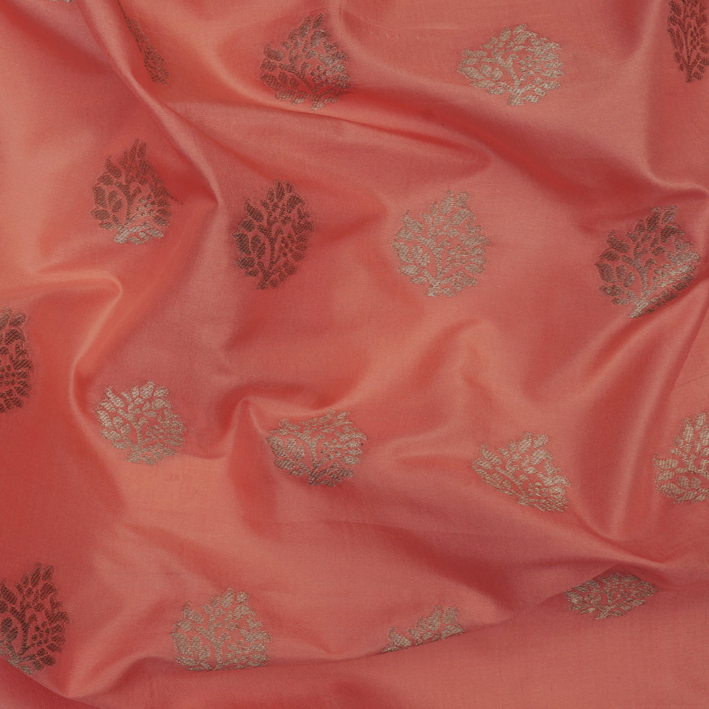 (Pre-Cut 1.10 Mtr) Peach Color Handwoven Brocade Silk Fabric