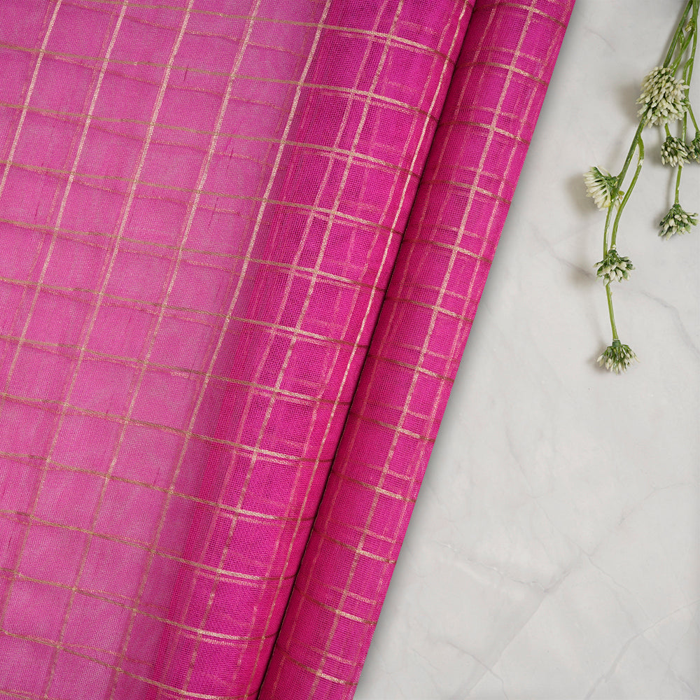 (Pre-Cut 2.55 Mtr) Pink Color Checked Silk Net Fabric