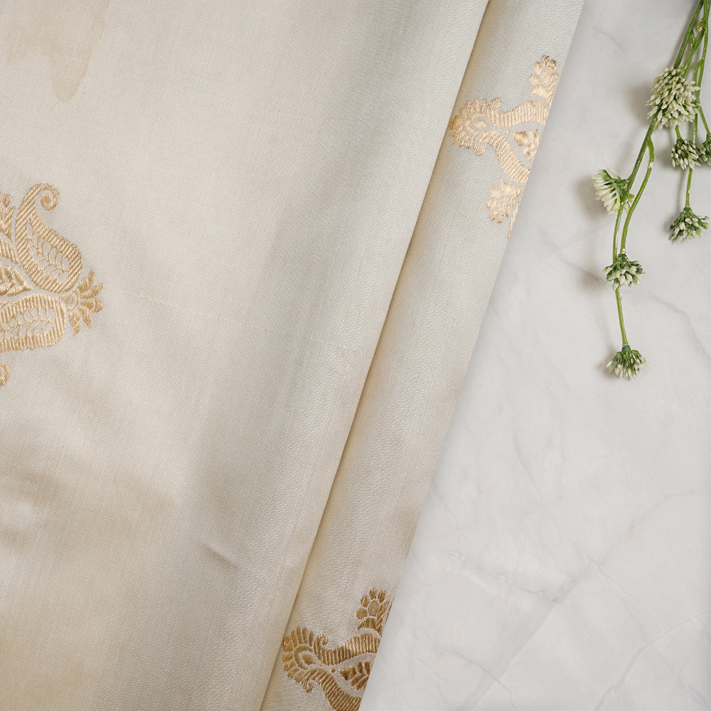 (Pre-Cut 3.90 Mtr) Cream Color Handwoven Banarasi Katan Buta Silk Fabric