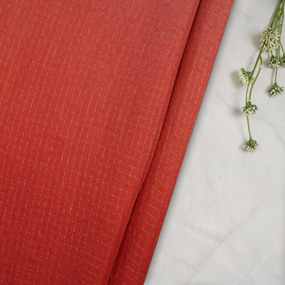 (Pre-Cut 1.65 Mtr) Red-Pink Color Ombre Dyed Zari Checked Chiffon Silk Fabric