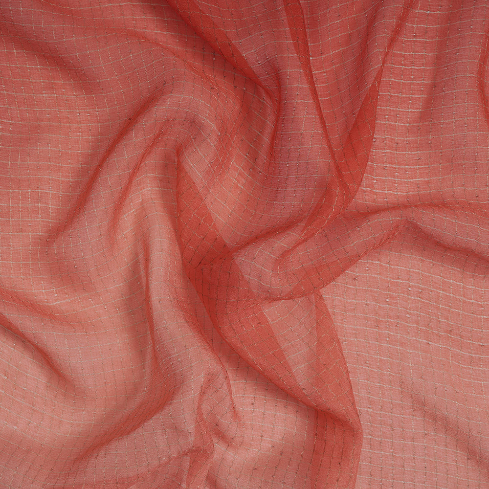 (Pre-Cut 1.65 Mtr) Red-Pink Color Ombre Dyed Zari Checked Chiffon Silk Fabric