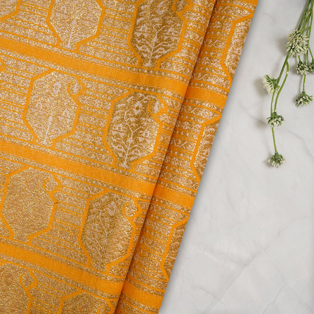 (Pre-Cut 1.10 Mtr) Mustard Color Handwoven Cotton Silk Brocade Fabric