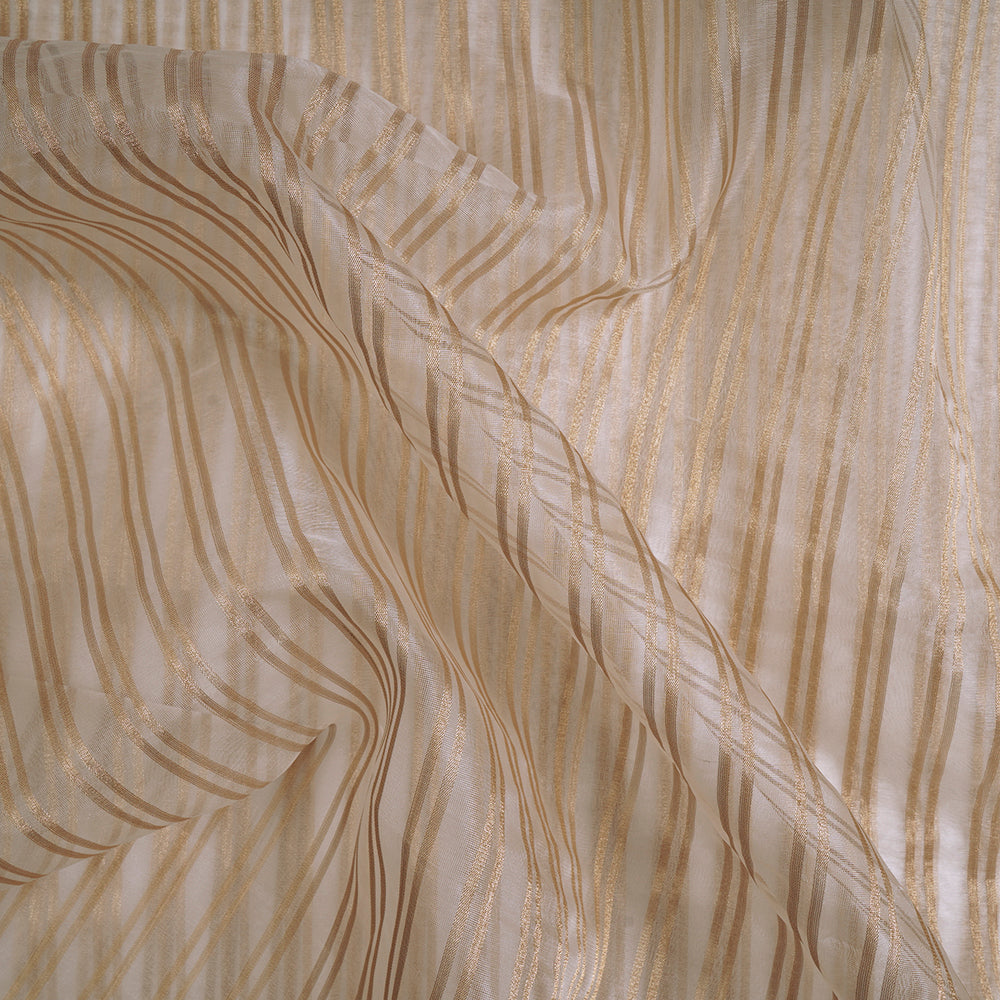 (Pre-Cut 4.40 Mtr) Off White Color Zari Striped Organza Silk Fabric