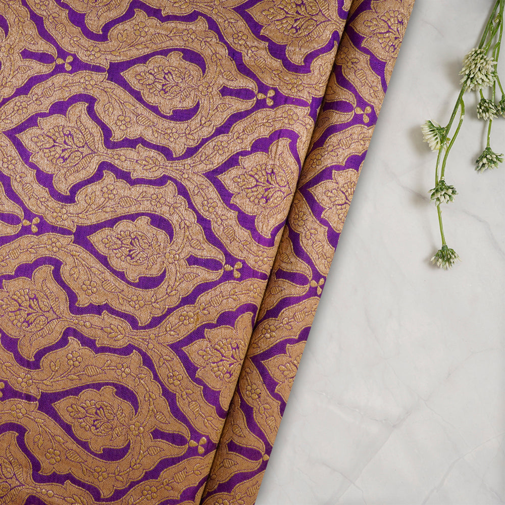 (Pre-Cut 1.40 Mtr) Purple Color Handwoven Brocade Silk Fabric