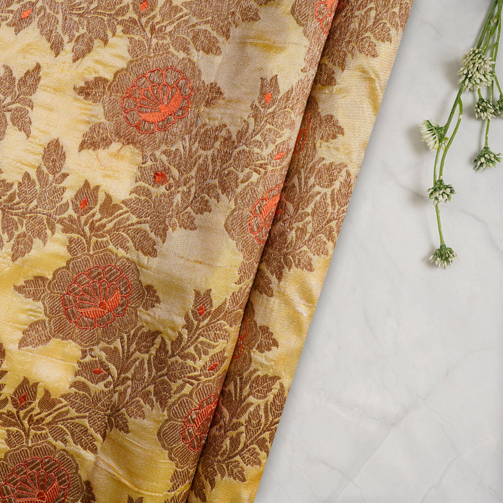 (Pre-Cut 1.60 Mtr) Yellow Color Handwoven Brocade Silk Fabric