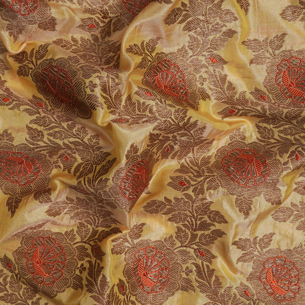(Pre-Cut 1.60 Mtr) Yellow Color Handwoven Brocade Silk Fabric