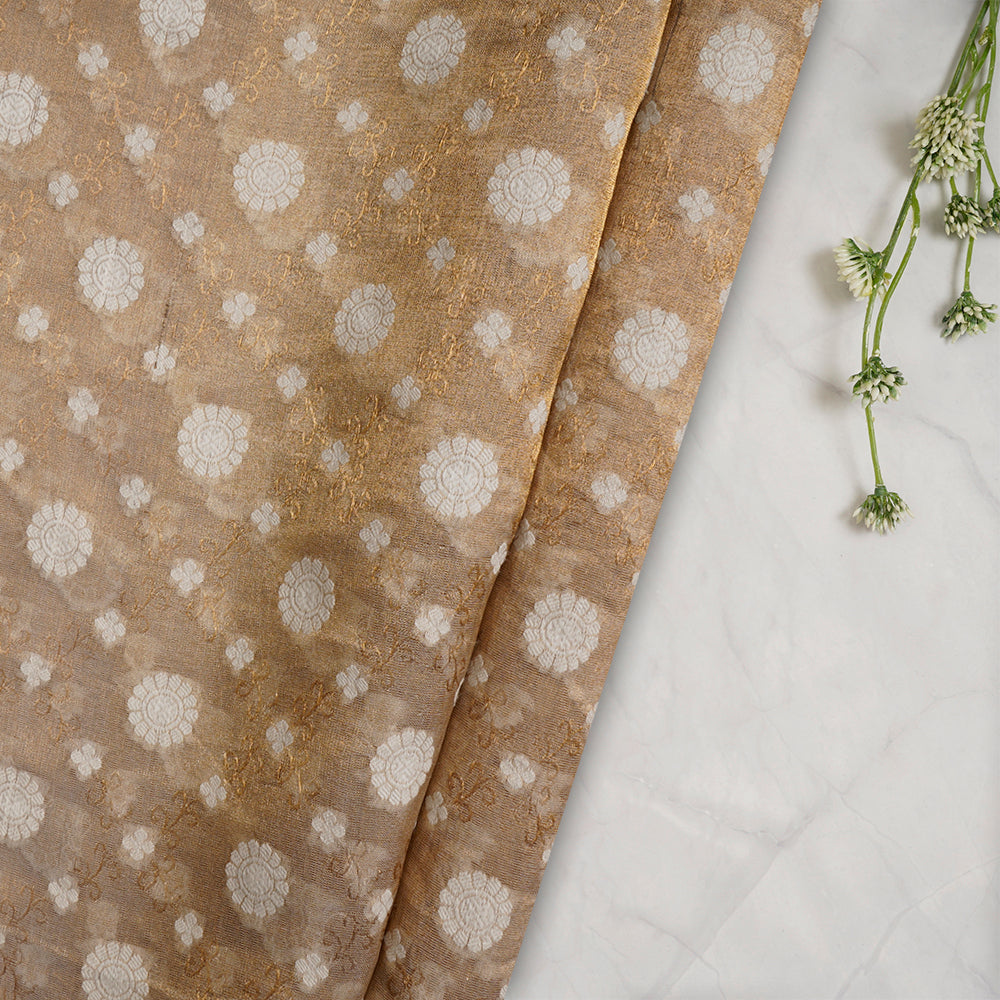 (Pre-Cut 1.85 Mtr) Golden Color Handwoven Brocade Tissue Silk Fabric