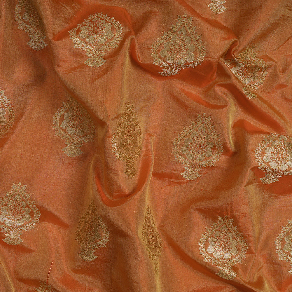 (Pre-Cut 2.55 Mtr) Orange Color Handwoven Brocade Silk Fabric