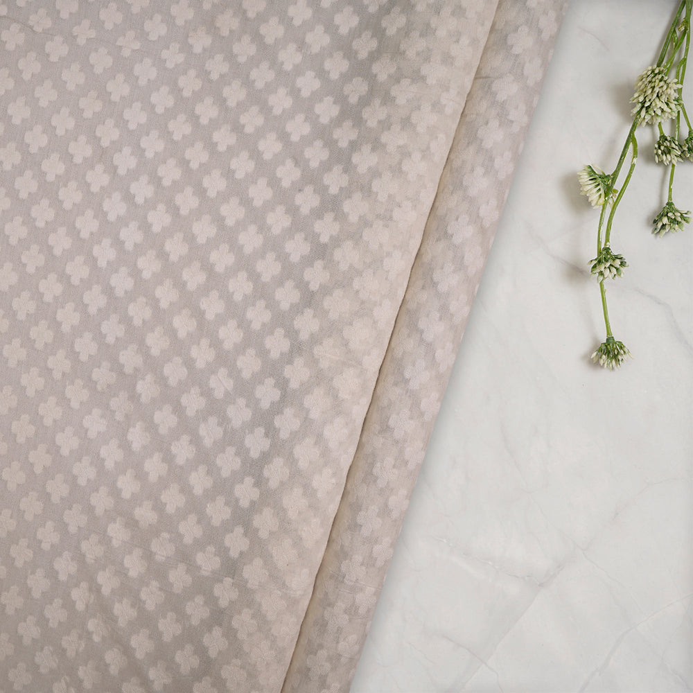 (Pre-Cut 1.50 Mtr) Off White Color Handwoven Jacquard Cotton Silk Fabric