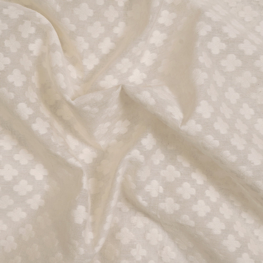 (Pre-Cut 1.50 Mtr) Off White Color Handwoven Jacquard Cotton Silk Fabric