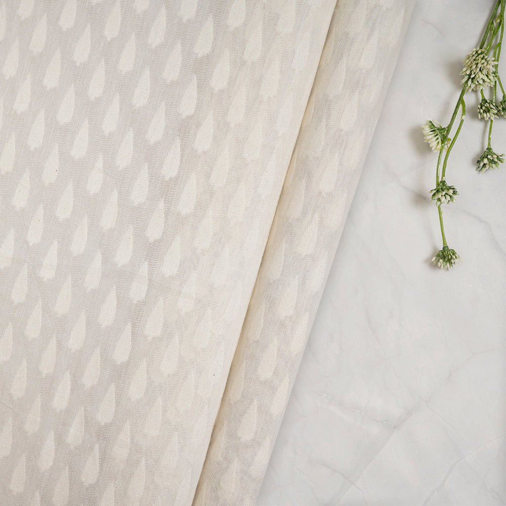 (Pre-Cut 1.50 Mtr) Off White Color Handwoven Jacquard Chanderi Fabric
