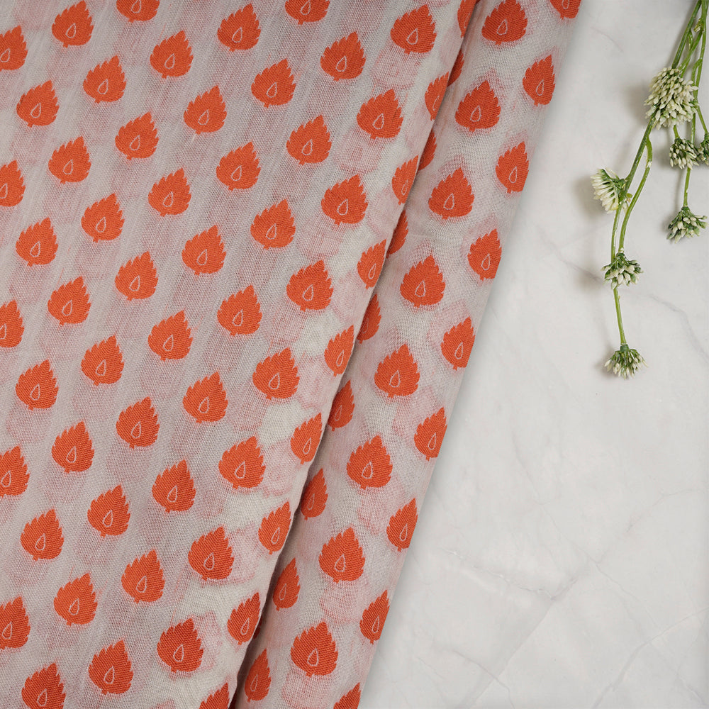 (Pre-Cut 2 Mtr) Off White-Orange Color Pure Muga Jacquard Silk Fabric