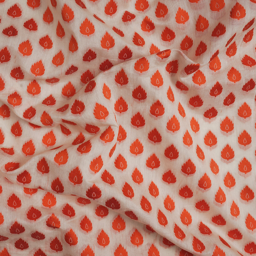 (Pre-Cut 2 Mtr) Off White-Orange Color Pure Muga Jacquard Silk Fabric