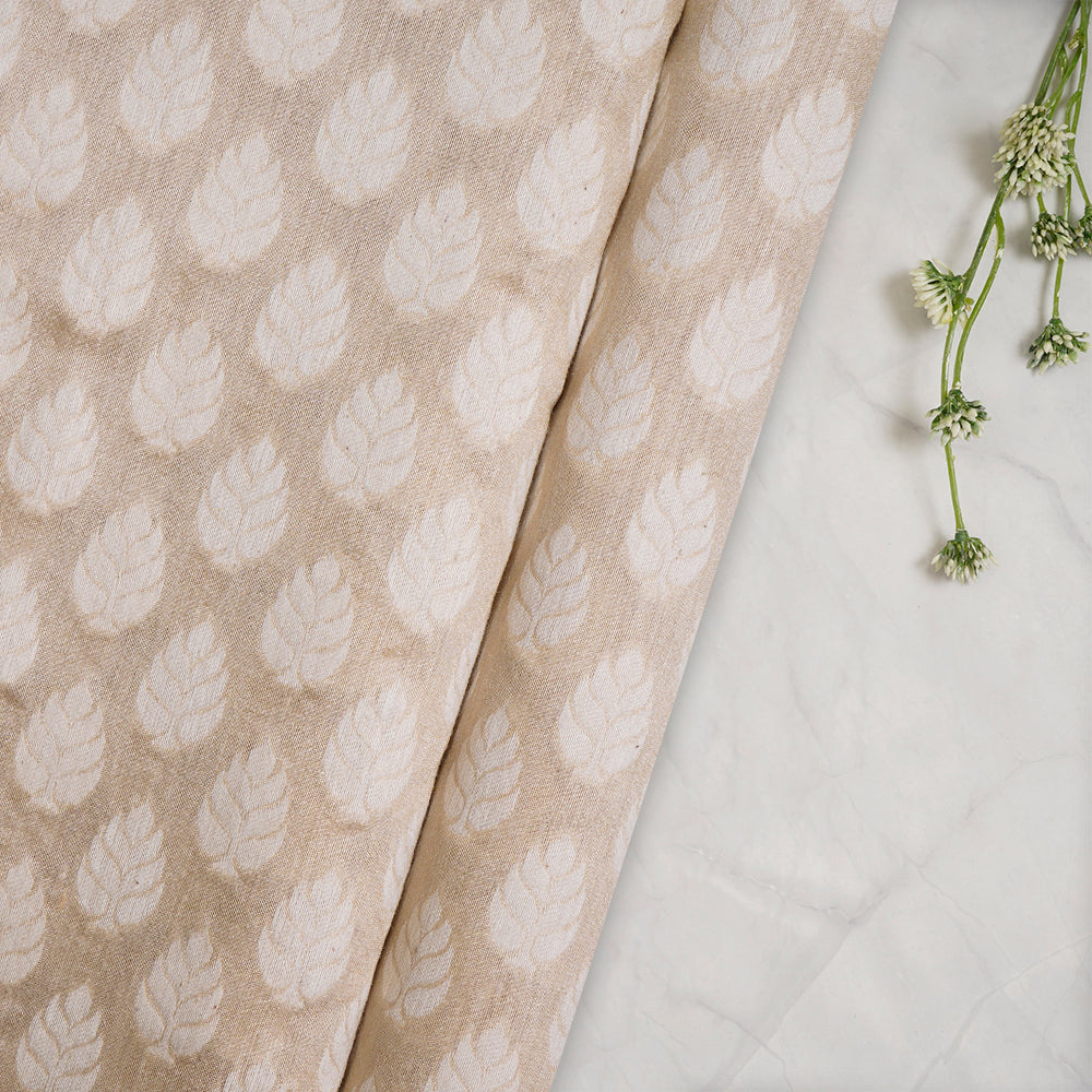 (Pre-Cut 3.30 Mtr) Beige Color Handwoven Muga Jacquard Silk Fabric