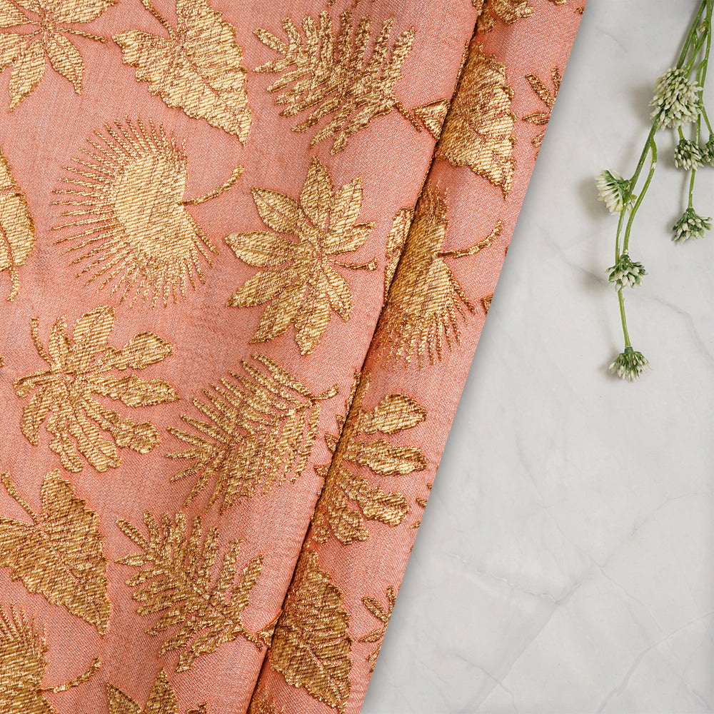 (Pre-Cut 1.30 Mtr) Peach Color Handwoven Brocade Cotton Silk Fabric