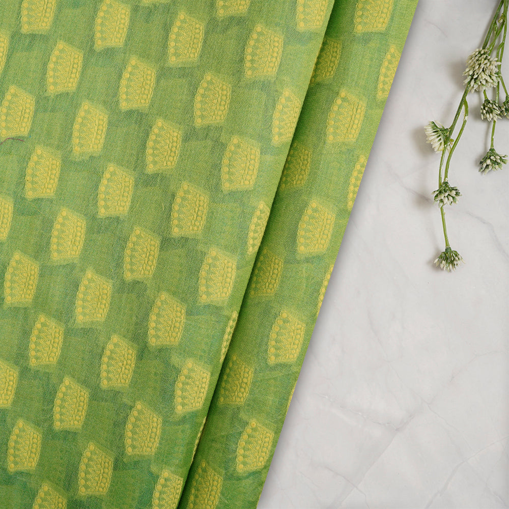 (Pre-Cut 3.40 Mtr) Green-Yellow Color Handwoven Brocade Chanderi Fabric
