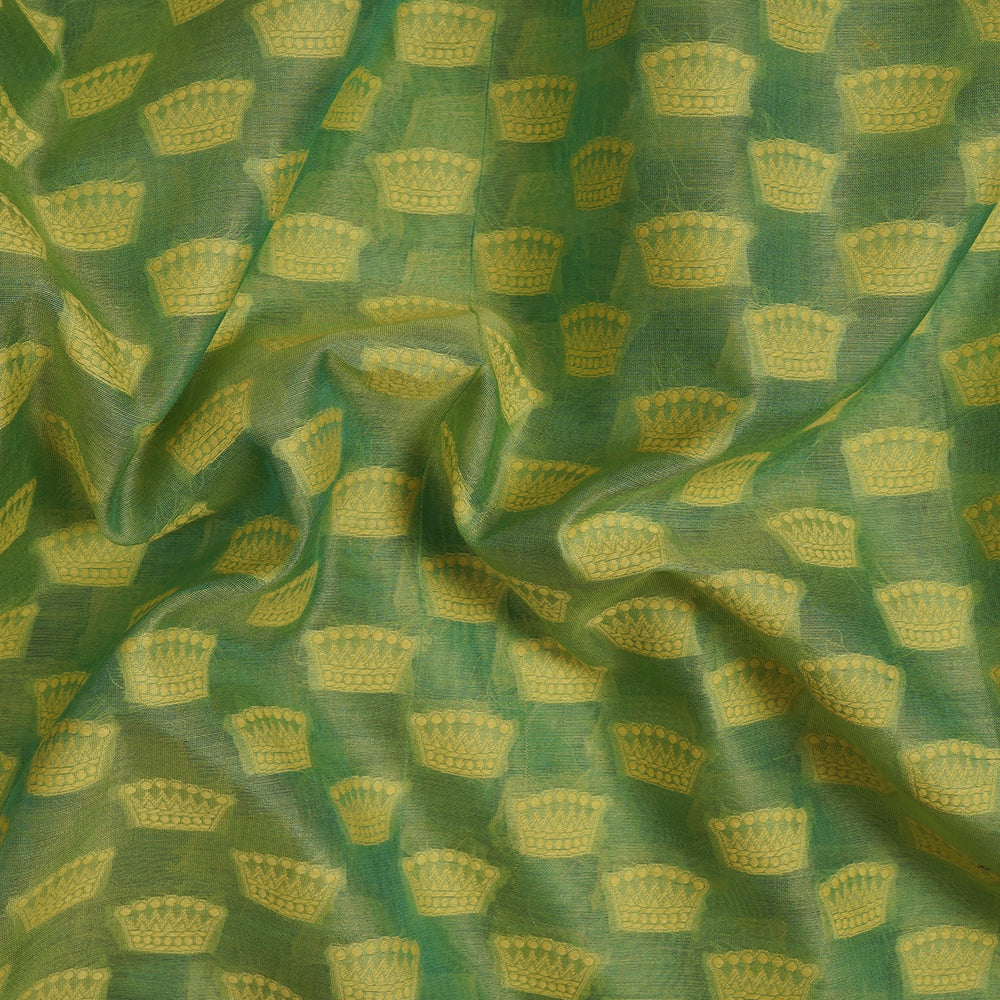 (Pre-Cut 3.40 Mtr) Green-Yellow Color Handwoven Brocade Chanderi Fabric