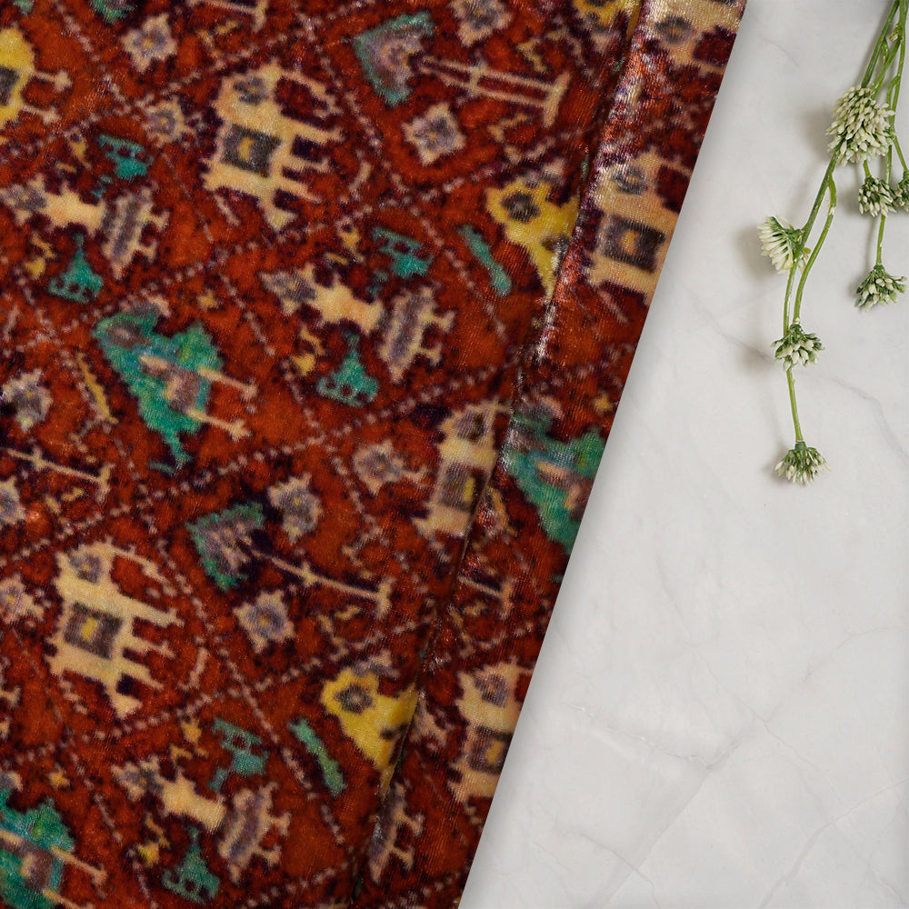 (Pre-Cut 4.10 Mtr) Red Color Digital Printed Velvet Silk Fabric